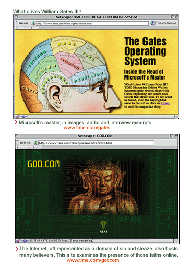 The Gates Operating System is an online profile of Microsoft's master, told in images, audio and interview excerpts. God.com explores the spiritual offerings of the Internet.
