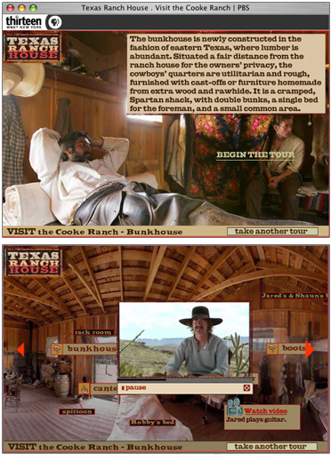 The Cooke ranch visit is a 360-degree tour of six different rooms. It includes clickable images with background information on the equipment, clothing and furniture of the time. It also features embedded video clips of the program's cast of characters.